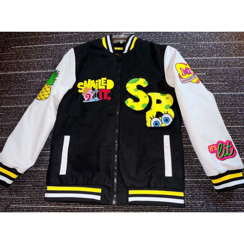 Members Only SpongeBob SquarePants Varsity Jacket Kids Black White Excellent